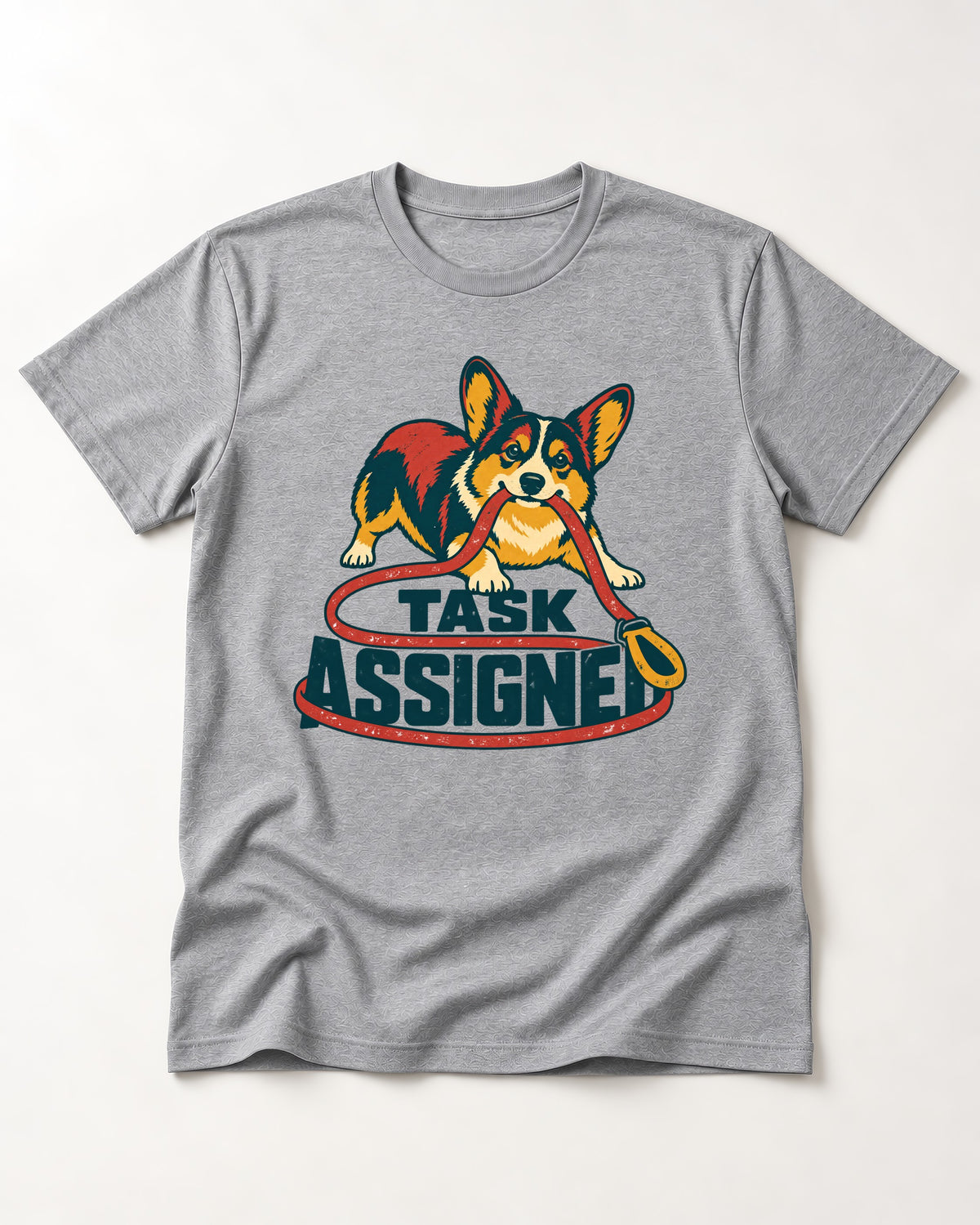Corgi Task Assigned T-Shirt in Sport Grey, flat lay product photo
