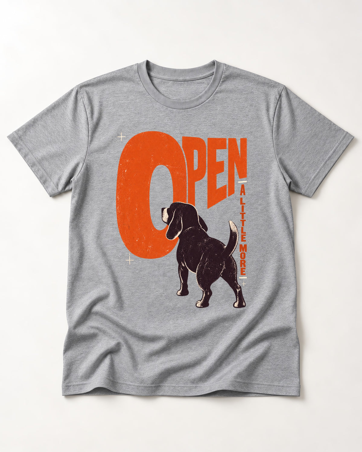 Open a Little More Beagle T-Shirt in Sport Grey, flat lay product photo