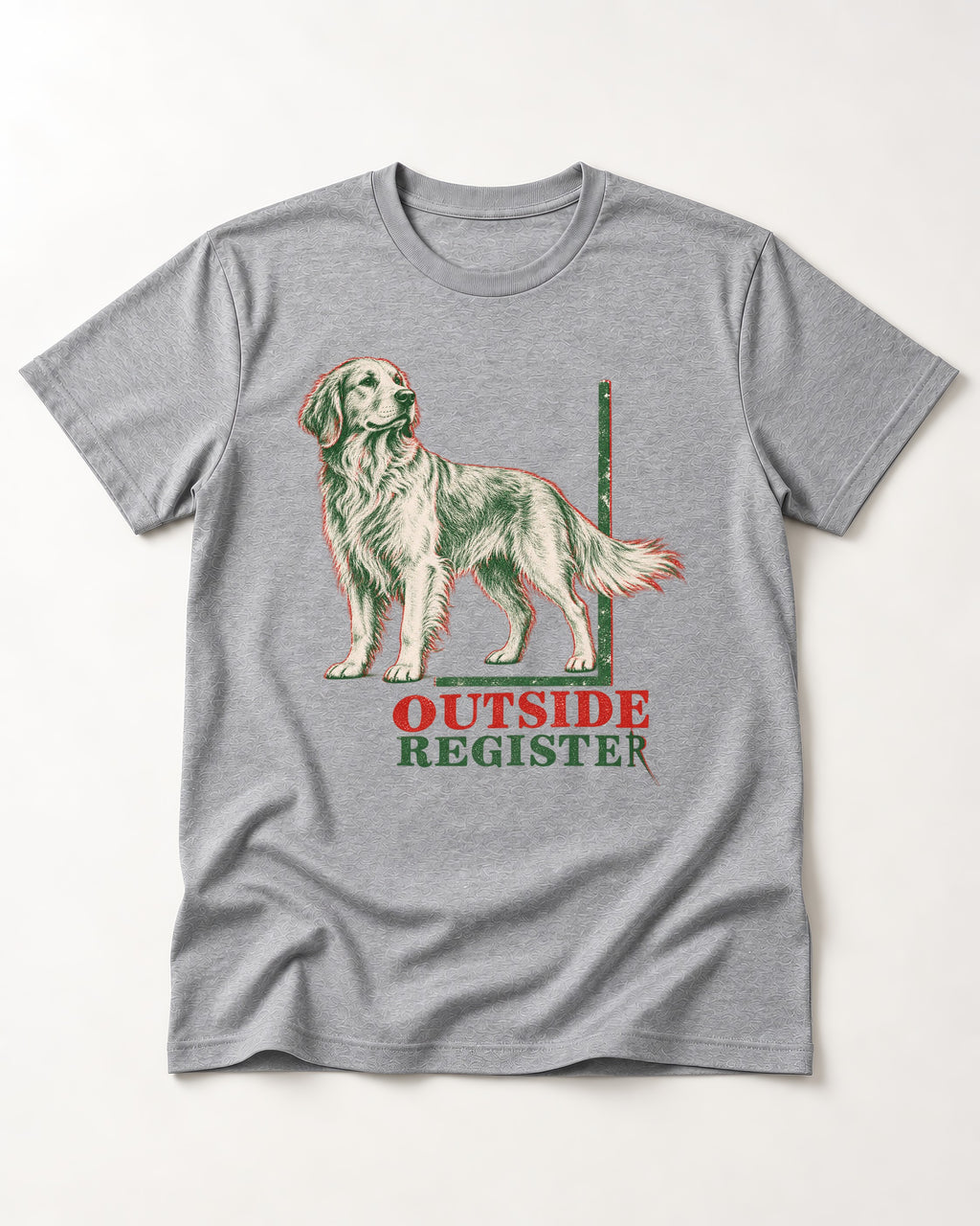 Outside Register Golden Retriever T-Shirt in Sport Grey, flat lay product photo