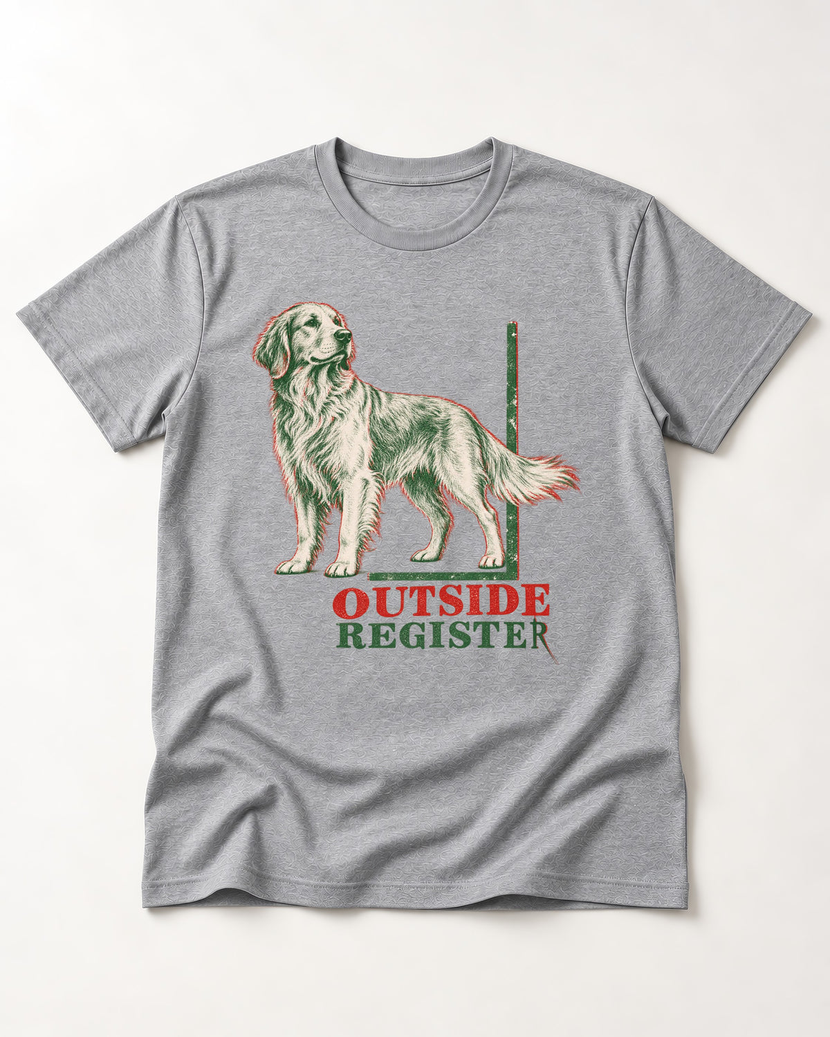 Outside Register Golden Retriever T-Shirt in Sport Grey, flat lay product photo
