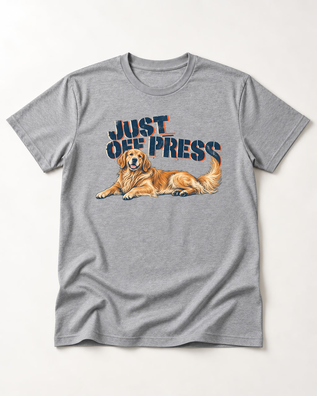 Golden Retriever Just Off Press T-Shirt in Sport Grey, flat lay product photo