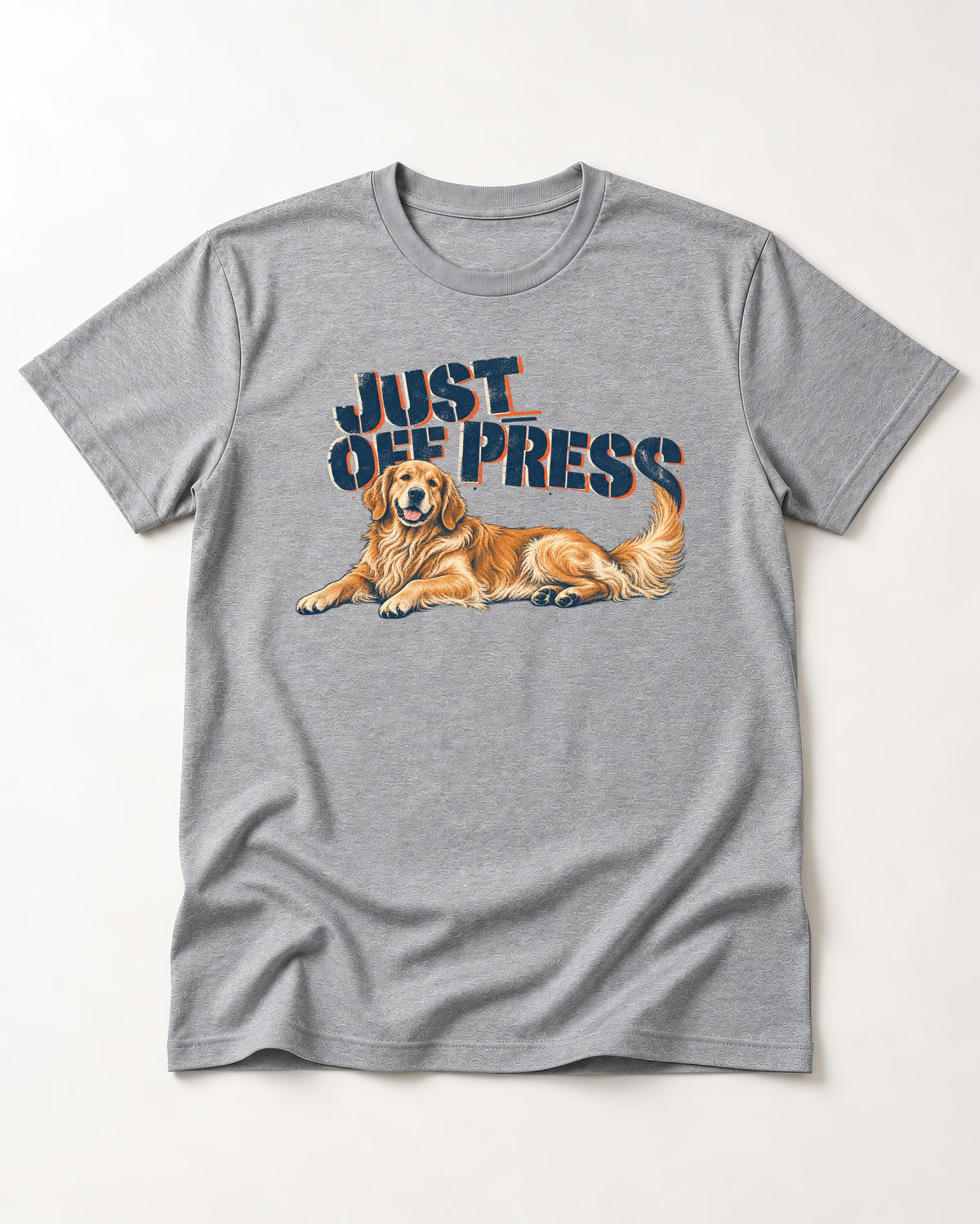 Golden Retriever Just Off Press T-Shirt in Sport Grey, flat lay product photo