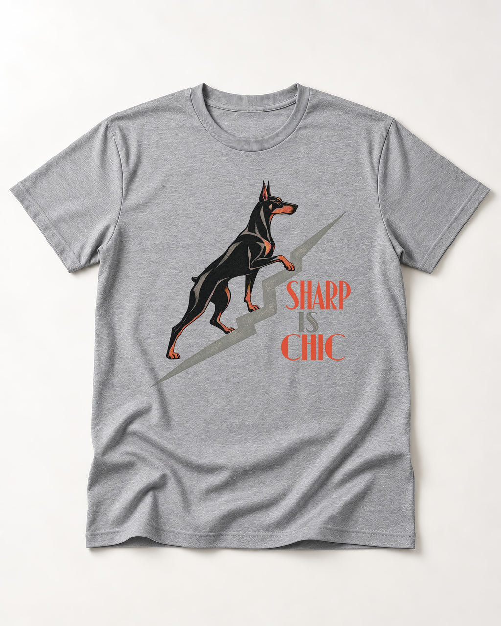 Doberman Is Chic T-Shirt in Sport Grey, flat lay product photo