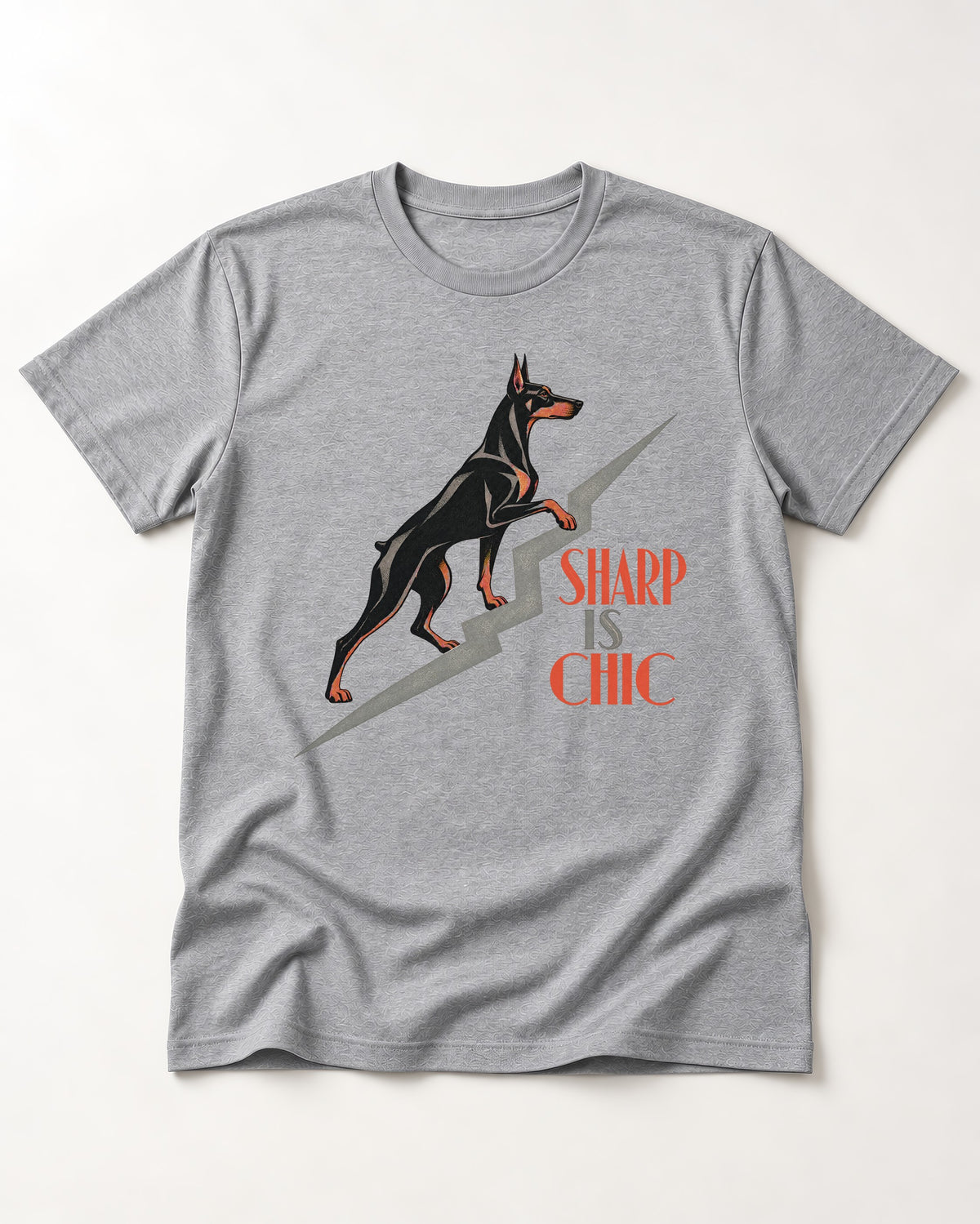 Doberman Is Chic T-Shirt in Sport Grey, flat lay product photo