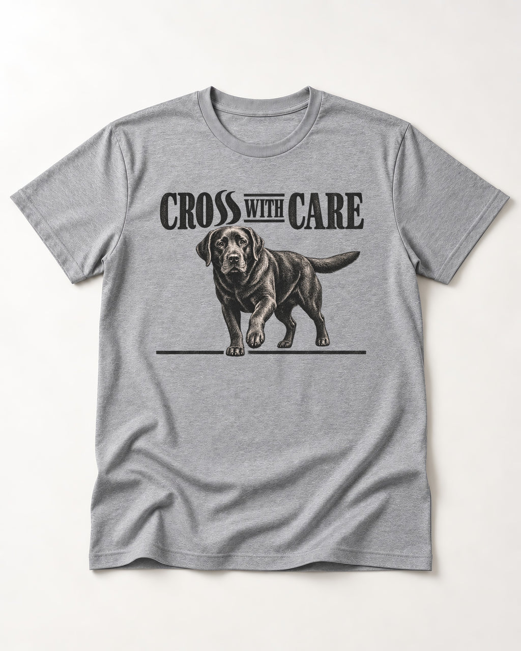 Labrador Retriever Cross with Care T-Shirt in Sport Grey, flat lay product photo
