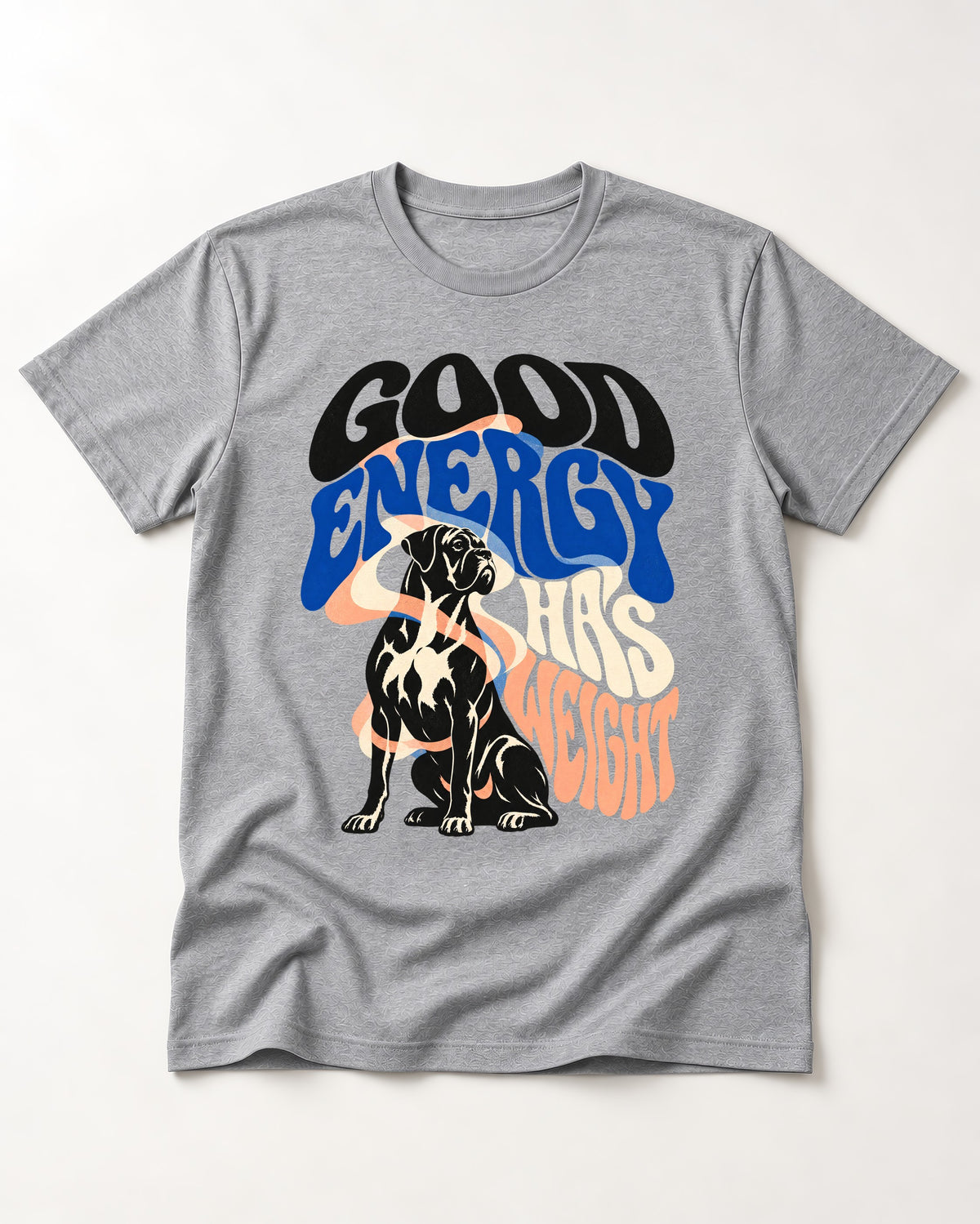 Good Energy Has Weight Boxer Retro Typography T-Shirt in Sport Grey, flat lay product photo