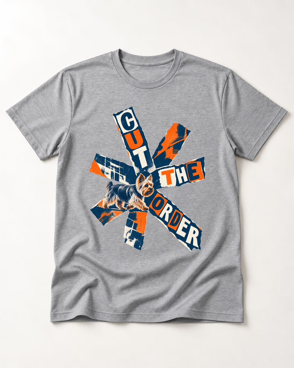 Yorkshire Terrier Cut the Order Radial Collage Graphic T-Shirt in Sport Grey, flat lay product photo