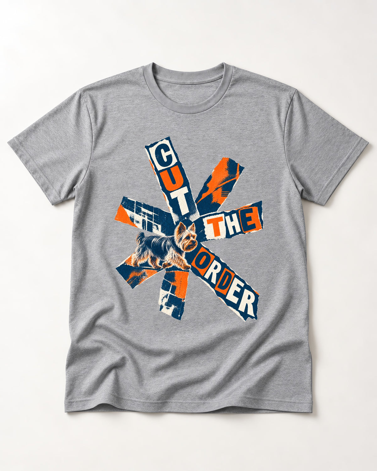 Yorkshire Terrier Cut the Order Radial Collage Graphic T-Shirt in Sport Grey, flat lay product photo