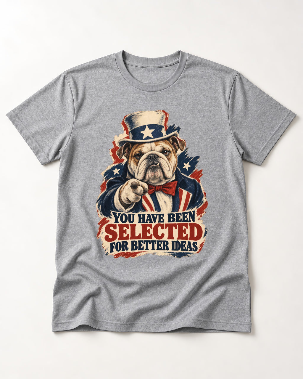 English Bulldog Selected for Better Ideas T-Shirt in Sport Grey, flat lay product photo