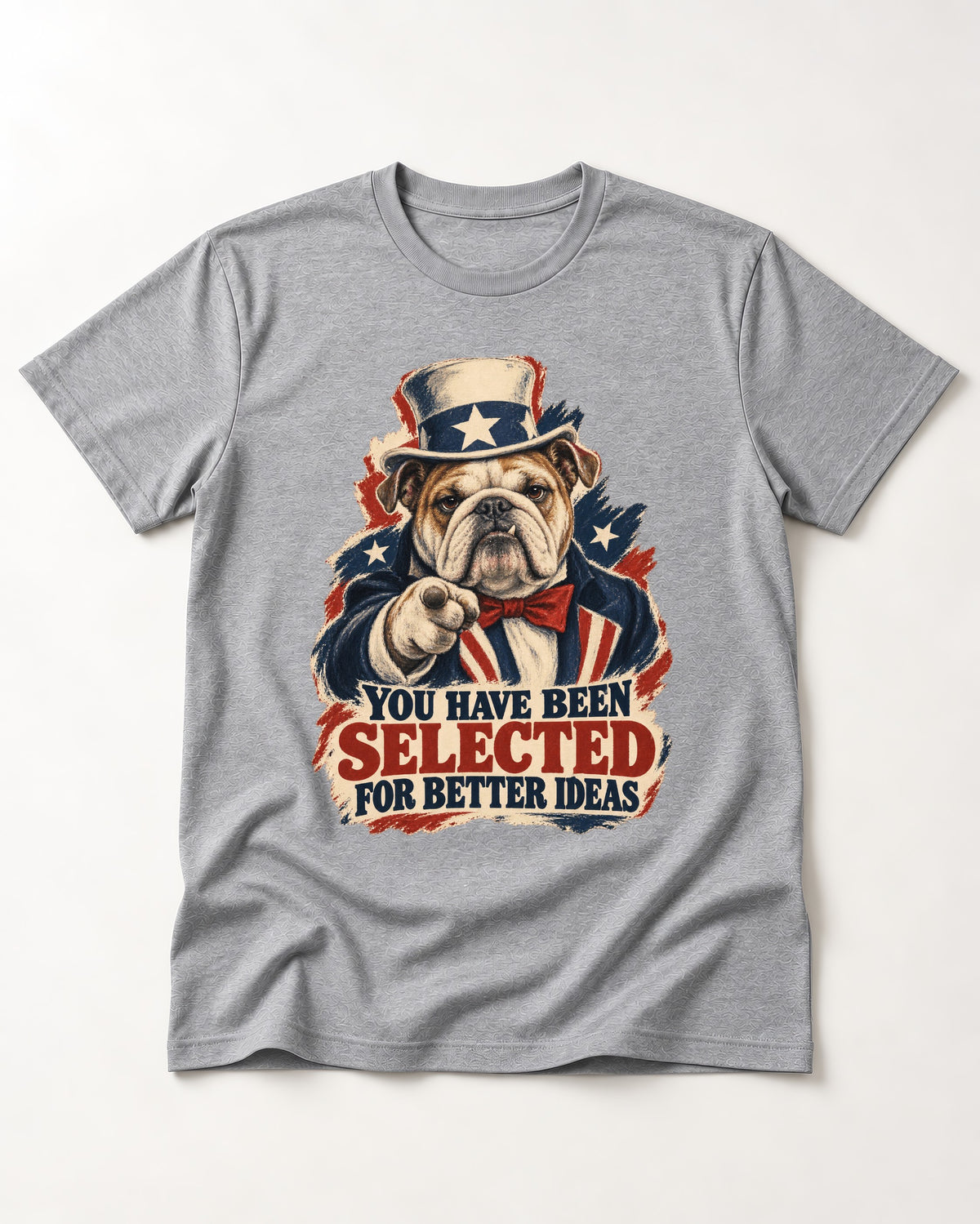 English Bulldog Selected for Better Ideas T-Shirt in Sport Grey, flat lay product photo