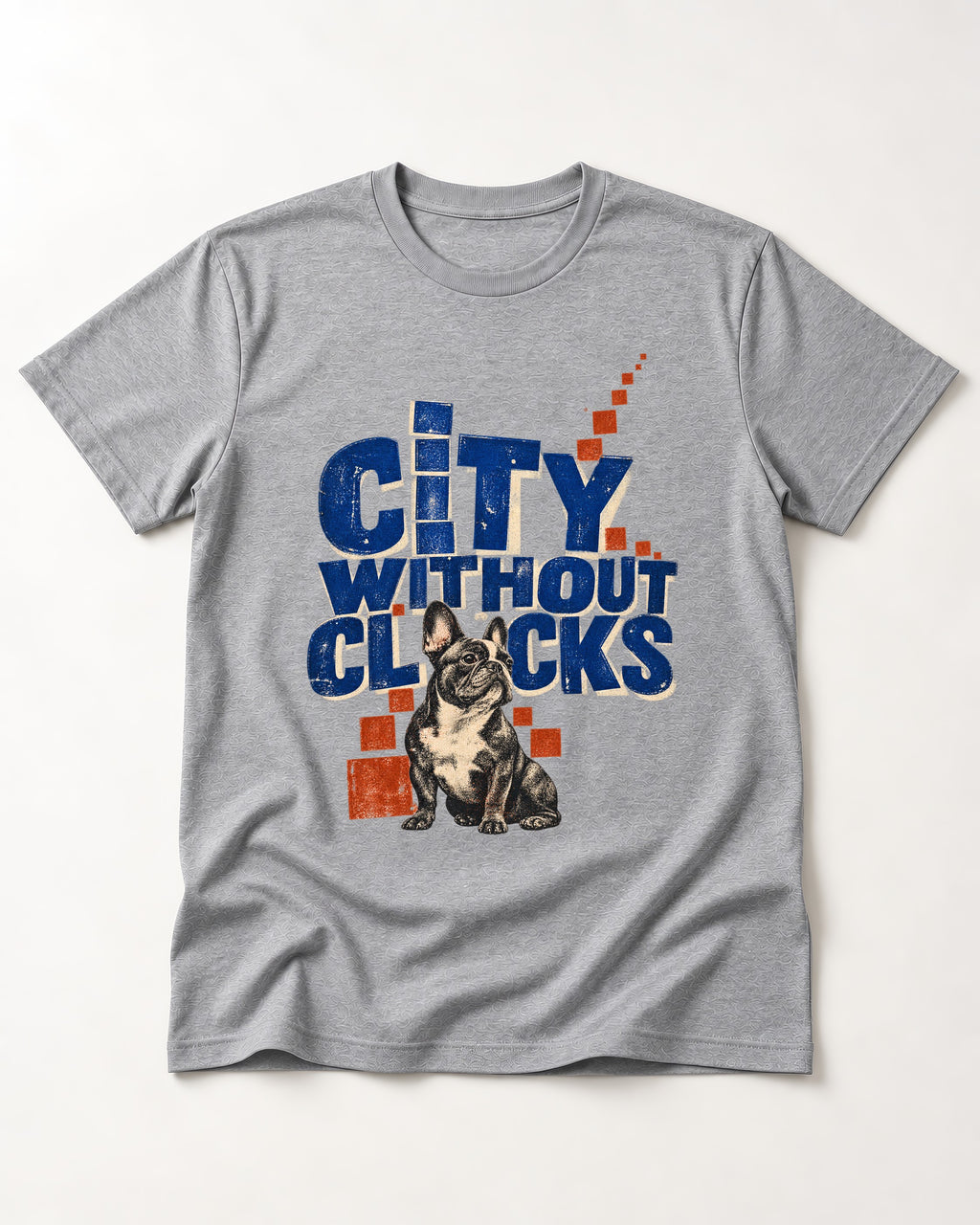 Frenchie's City Without Clocks T-Shirt in Sport Grey, flat lay product photo