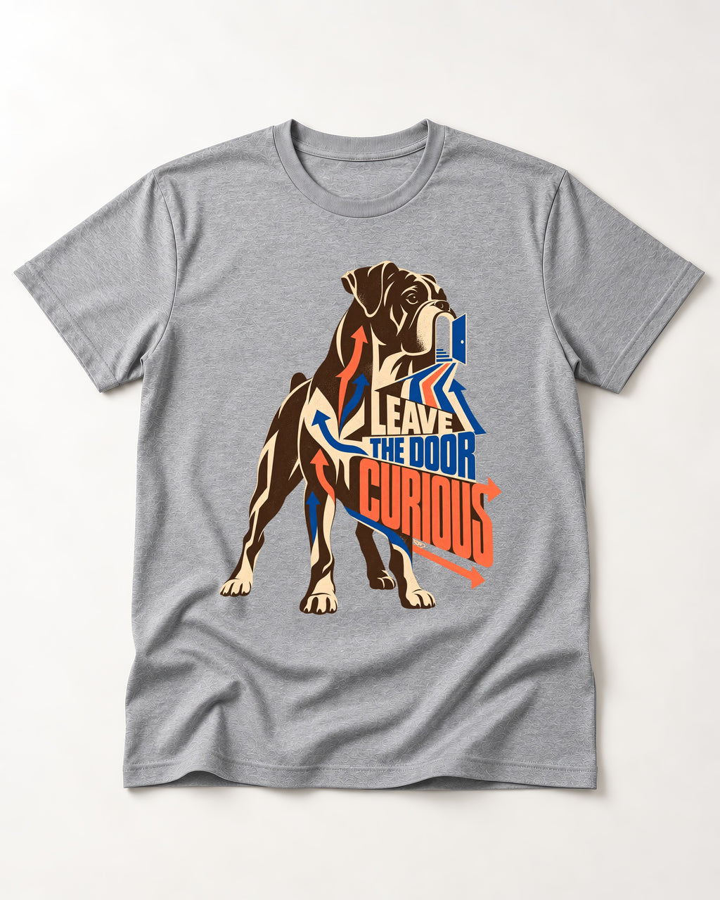 Leave the Door Curious Boxer Doorway Arrow Graphic T-Shirt in Sport Grey, flat lay product photo