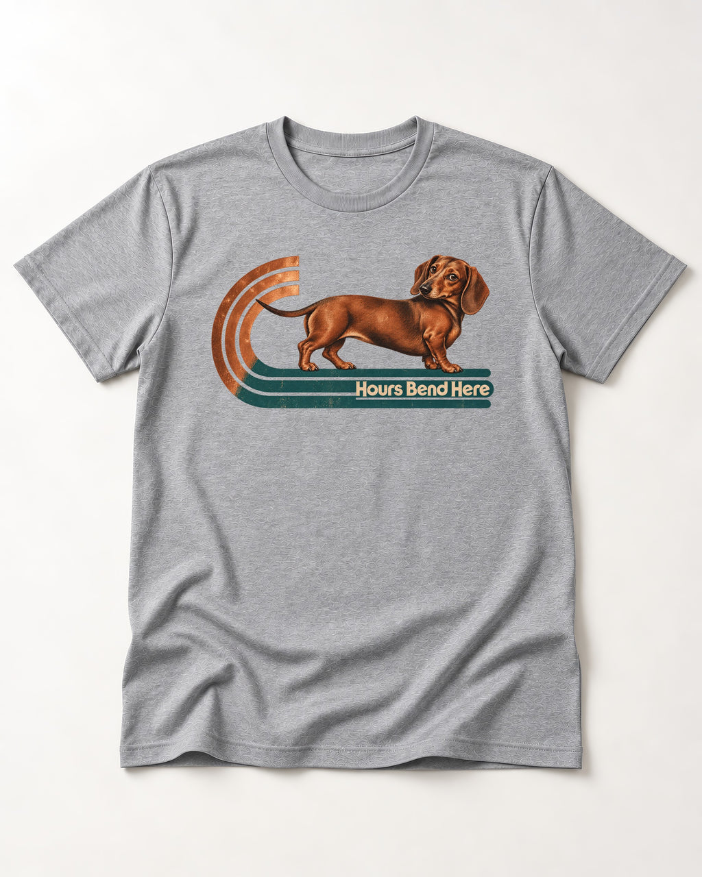Dachshund Hours Bend Here Retro Track Graphic T-Shirt in Sport Grey, flat lay product photo