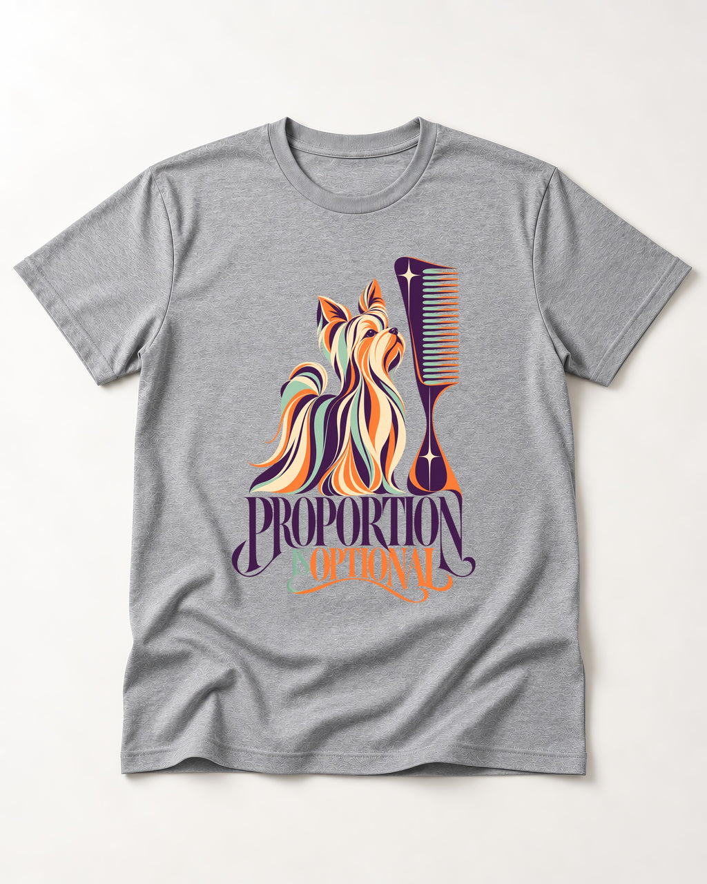 Yorkshire Terrier Proportion Is Optional T-Shirt in Sport Grey, flat lay product photo