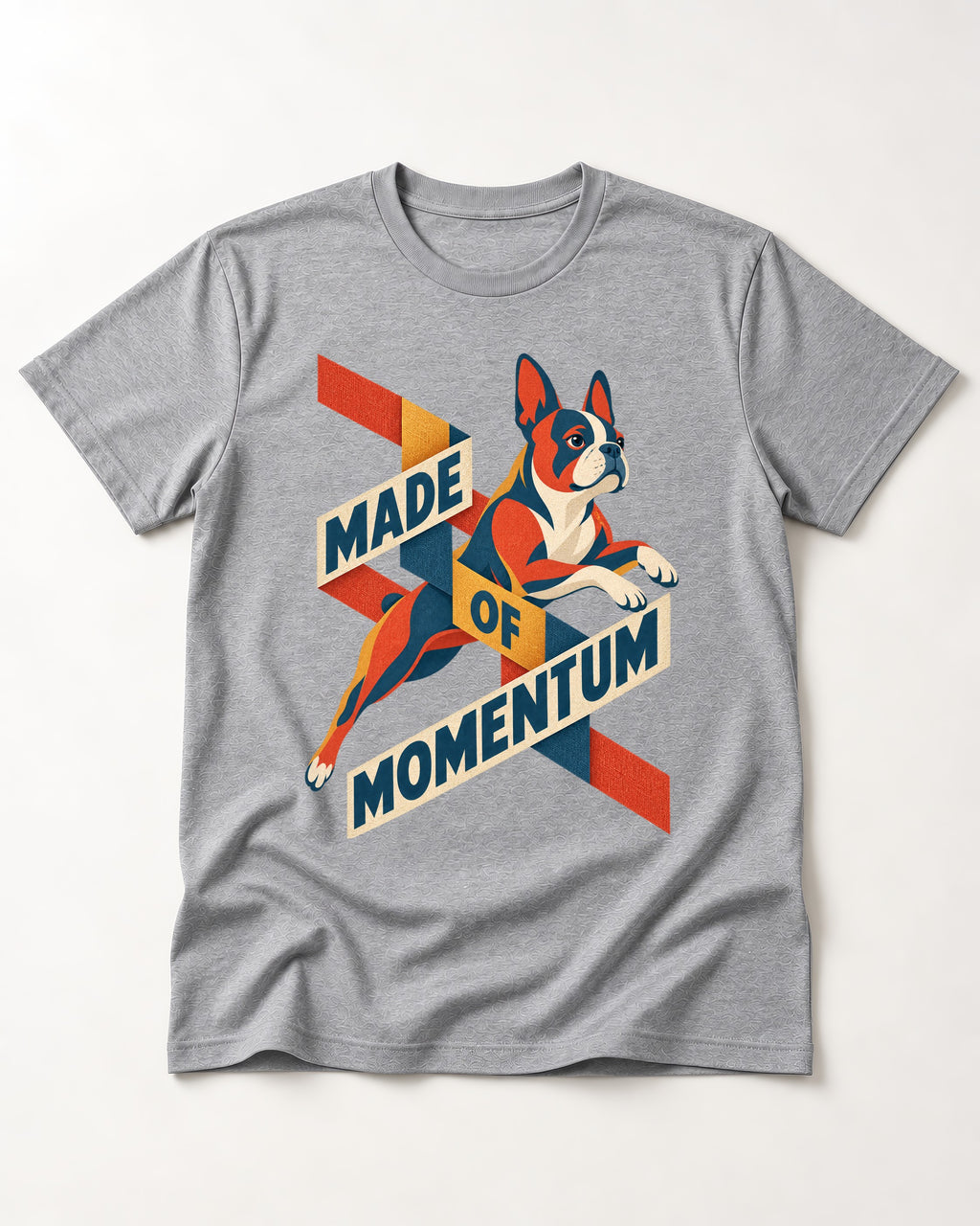 Made of Momentum Boston Terrier T-Shirt in Sport Grey, flat lay product photo