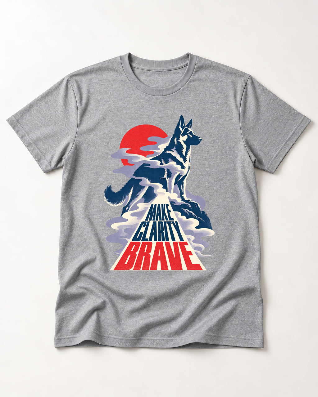 Make Clarity Brave Mountain German Shepherd Dog Graphic T-Shirt in Sport Grey, flat lay product photo