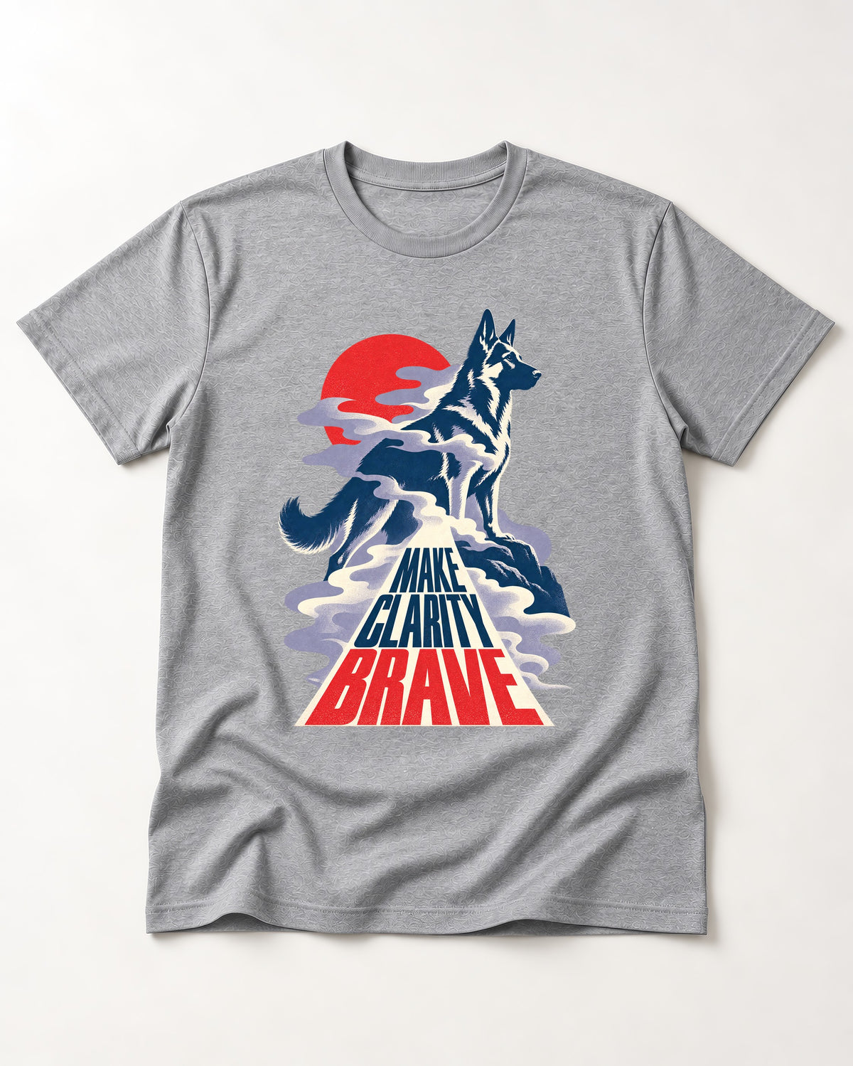 Make Clarity Brave Mountain German Shepherd Dog Graphic T-Shirt in Sport Grey, flat lay product photo