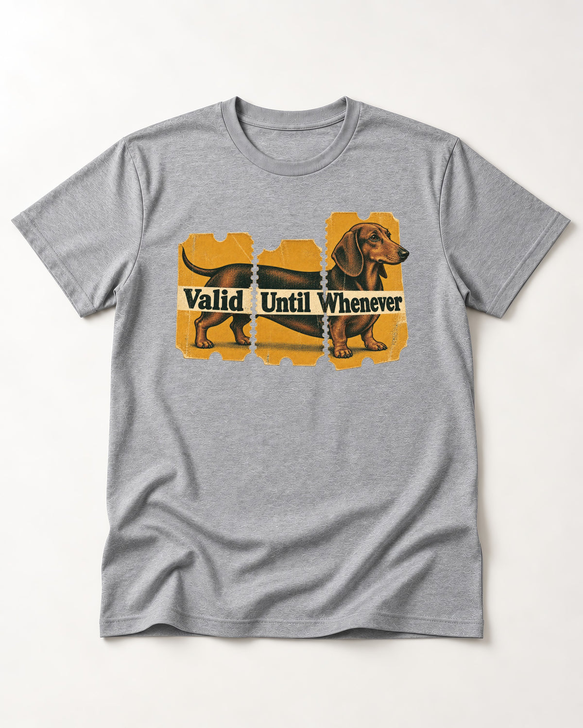 Dachshund Valid Until Whenever T-Shirt in Sport Grey, flat lay product photo