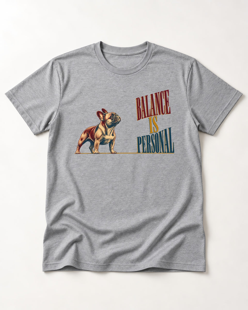 Frenchie Balance Is Personal T-Shirt in Sport Grey, flat lay product photo