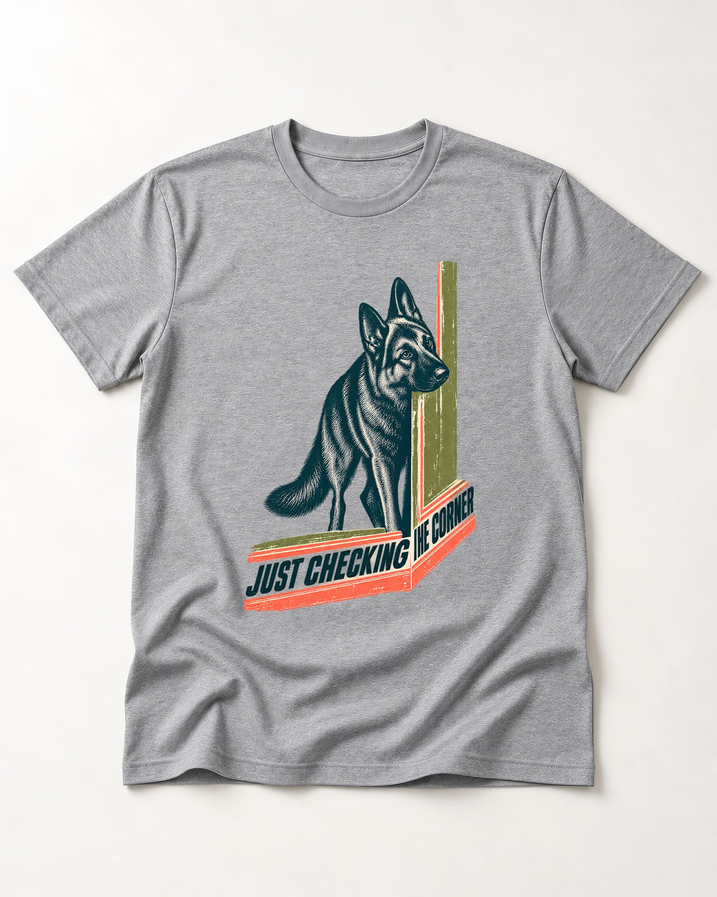 German Shepherd Dog Just Checking the Corner T-Shirt in Sport Grey, flat lay product photo