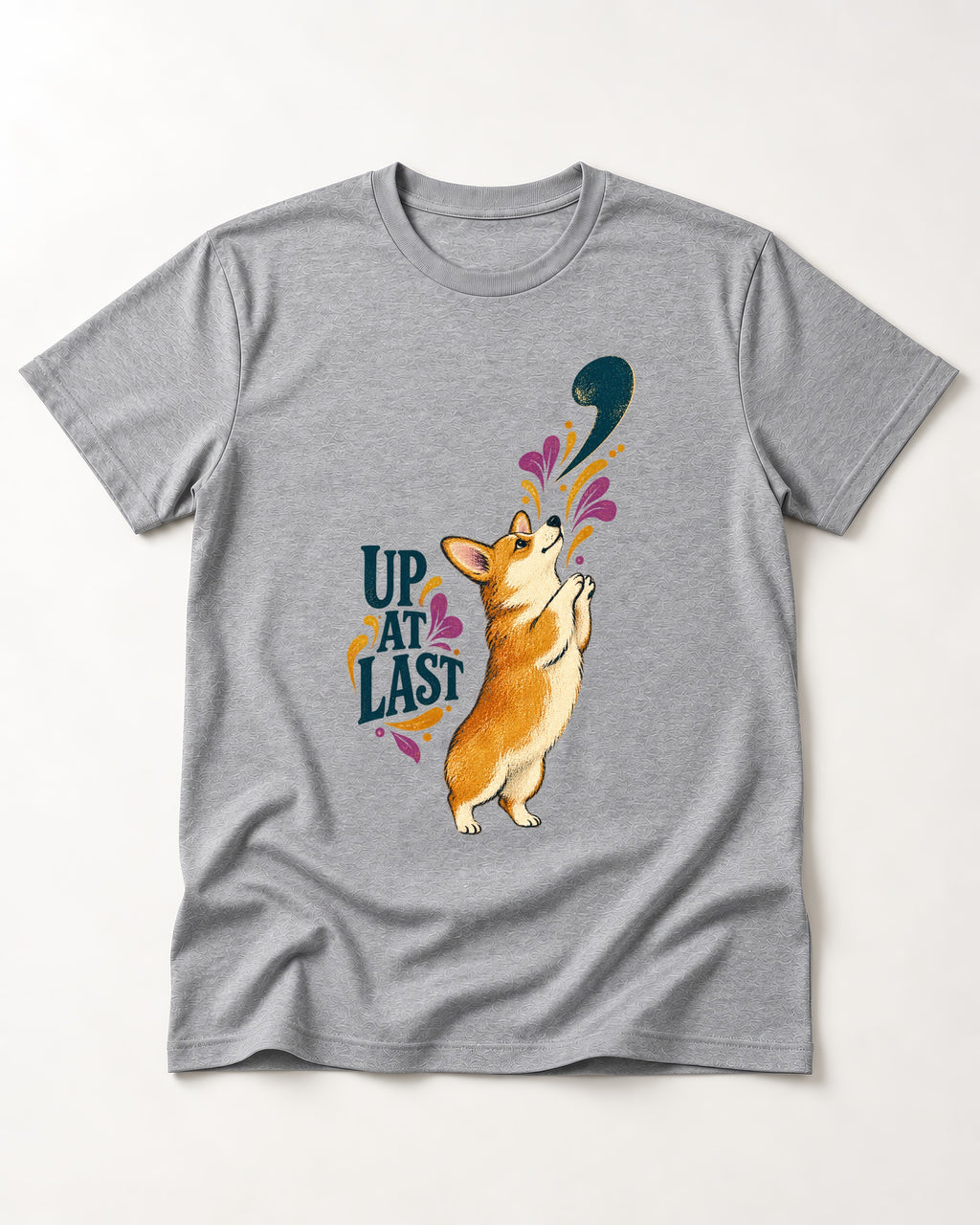 Corgi Up at Last T-Shirt in Sport Grey, flat lay product photo