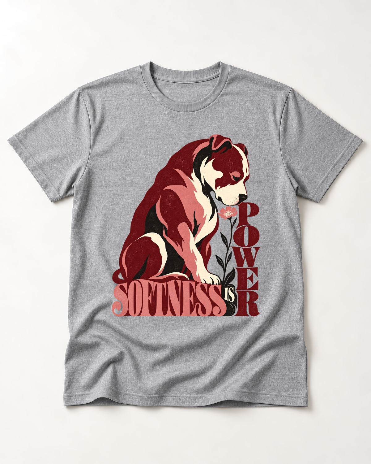Pitbull Softness Is Power Flower Graphic T-Shirt in Sport Grey, flat lay product photo