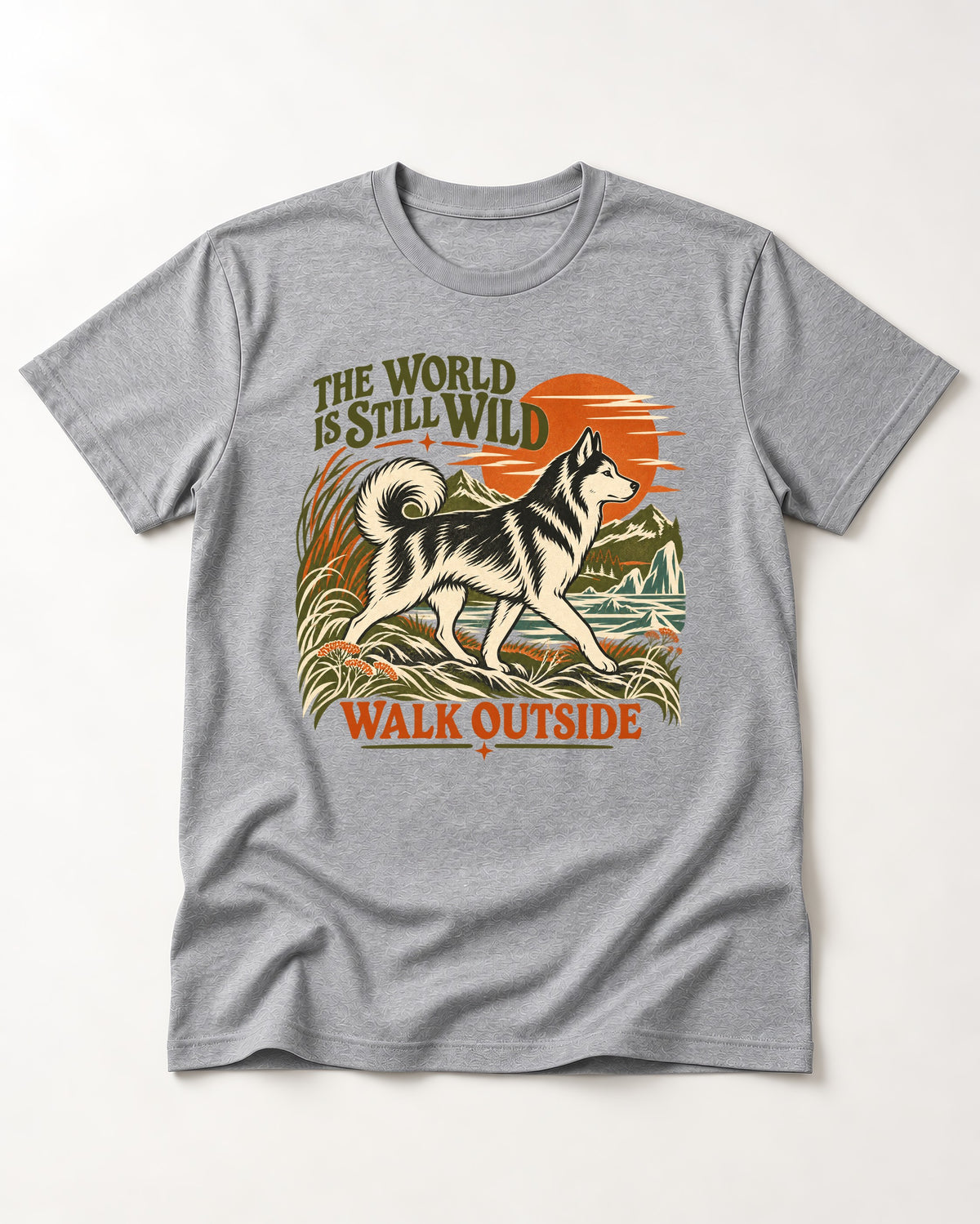 Walk Outside with Husky T-Shirt in Sport Grey, flat lay product photo