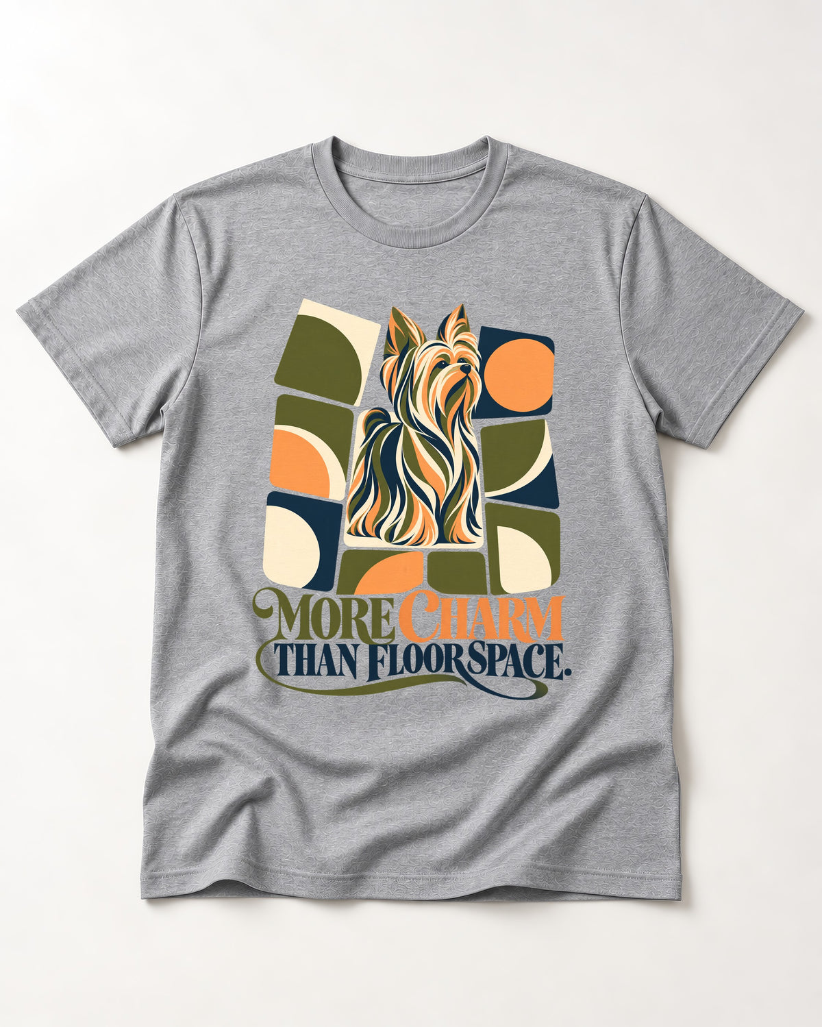 Yorkshire Terrier More Charm Than Space T-Shirt in Sport Grey, flat lay product photo