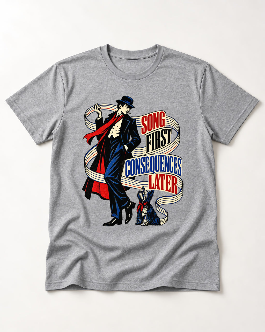 Yorkshire Terrier Song First Consequences Later T-Shirt in Sport Grey, flat lay product photo