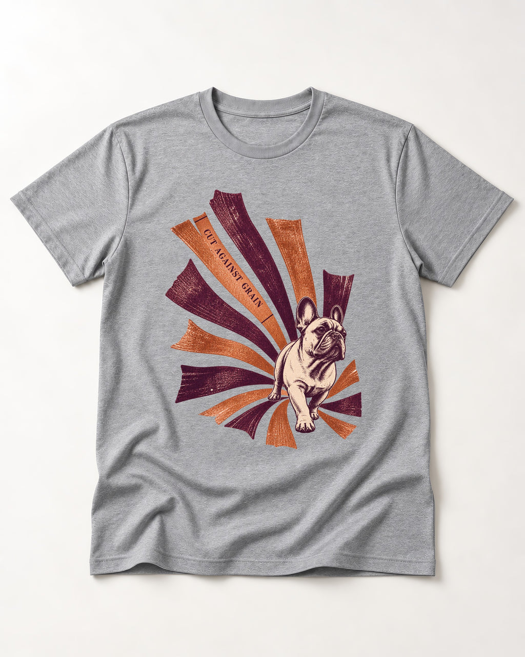 Frenchie Against the Grain T-Shirt in Sport Grey, flat lay product photo
