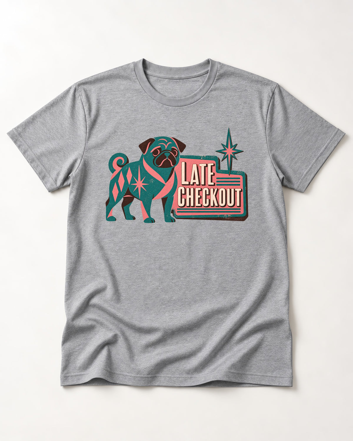 Pug's Late Checkout T-Shirt in Sport Grey, flat lay product photo