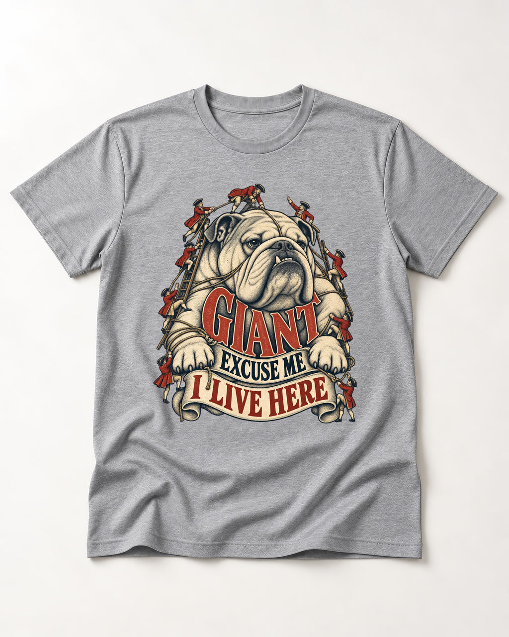 English Bulldog I Live Here T-Shirt in Sport Grey, flat lay product photo