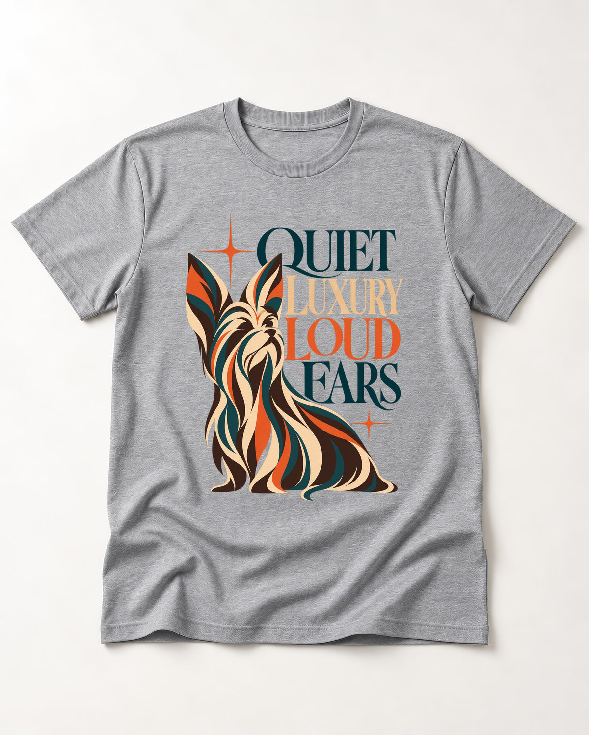 Quiet Luxury Loud Ears Yorkshire Terrier T-Shirt in Sport Grey, flat lay product photo