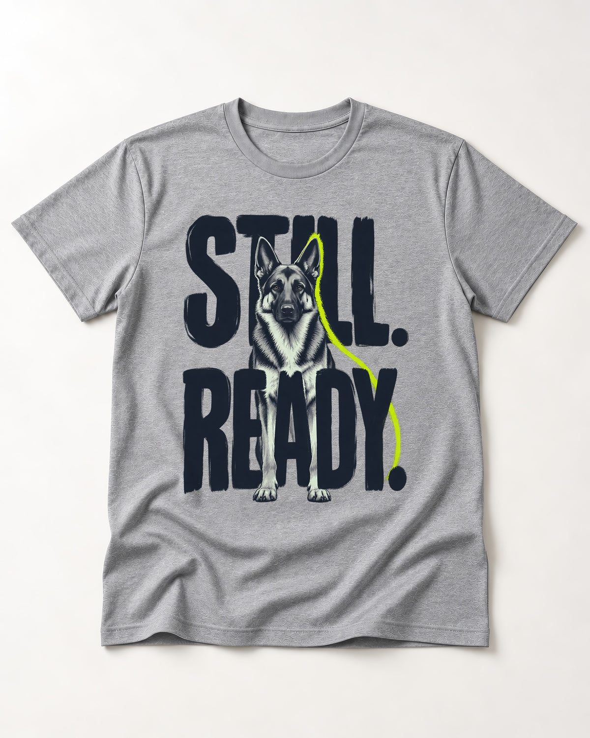 Still Ready German Shepherd Dog T-Shirt in Sport Grey, flat lay product photo