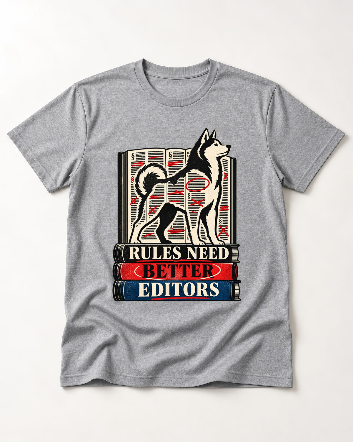 Husky Rules Need Better Editors Book Stack Graphic T-Shirt in Sport Grey, flat lay product photo