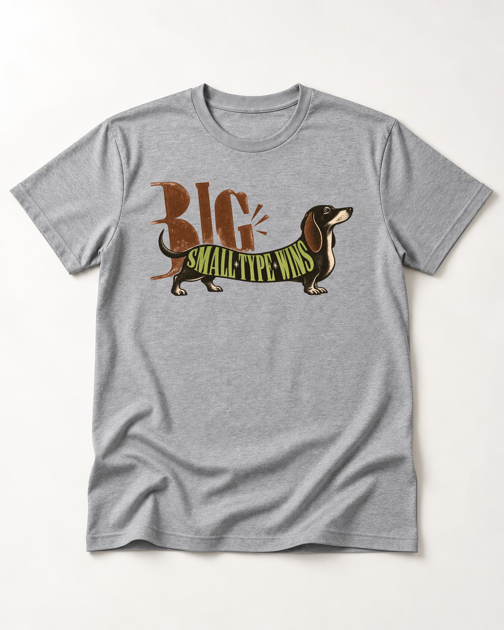 Dachshund Small Type Wins T-Shirt in Sport Grey, flat lay product photo
