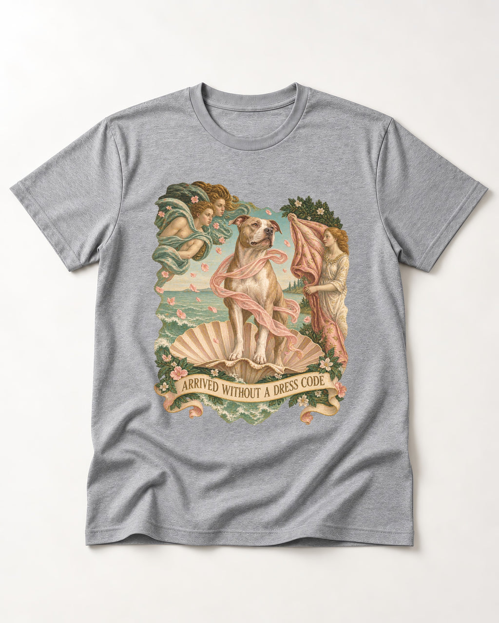 Pitbull Arrived Without a Dress Code Venus Parody Graphic T-Shirt in Sport Grey, flat lay product photo