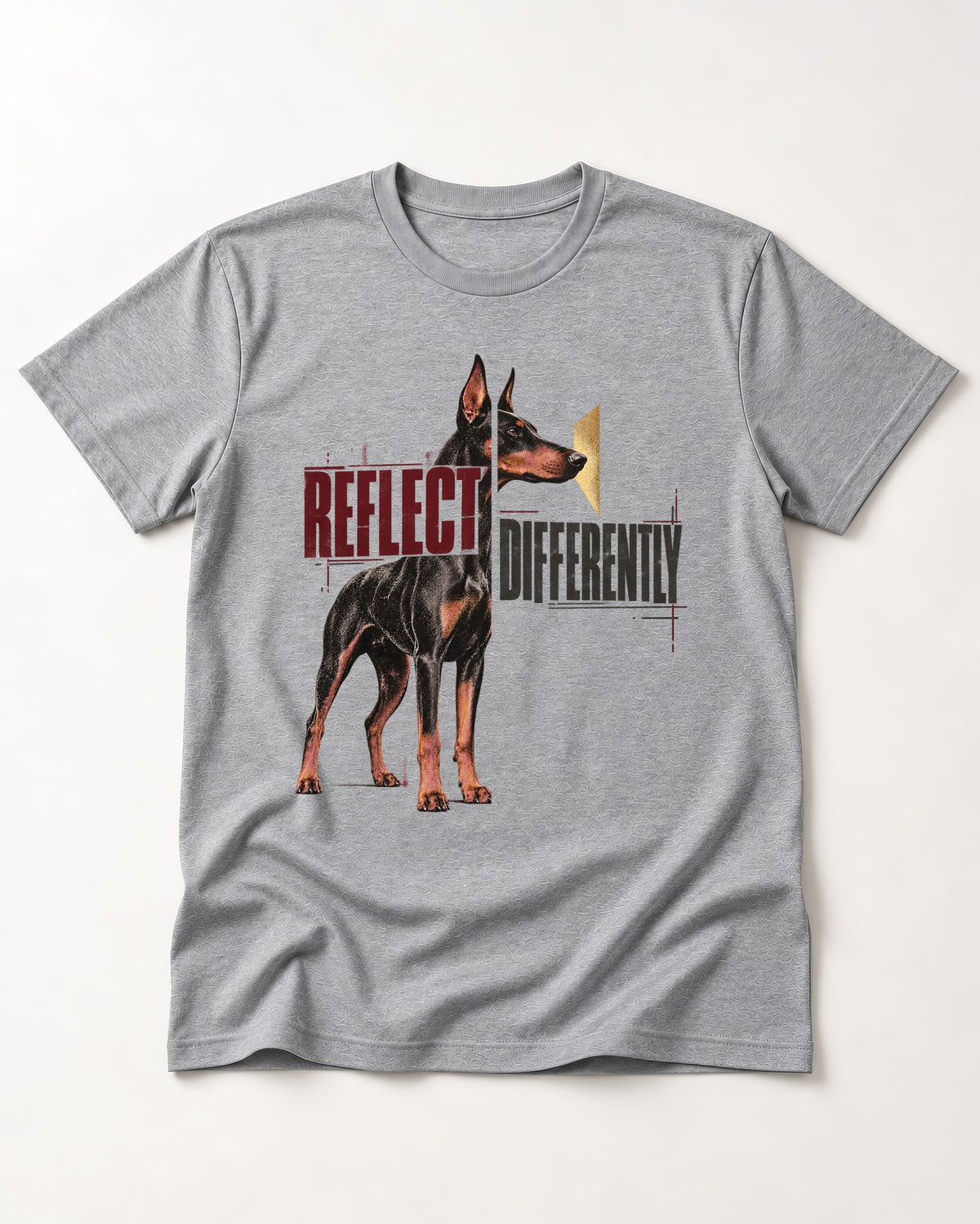 Doberman Reflects Differently T-Shirt in Sport Grey, flat lay product photo