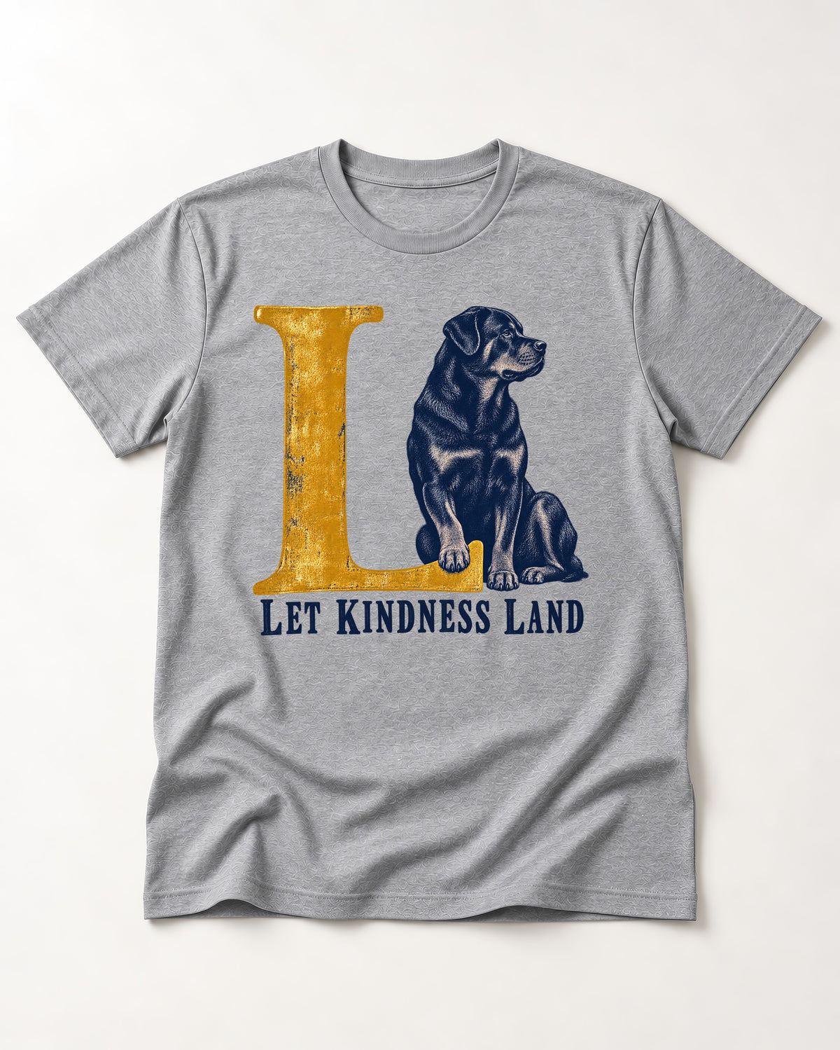 Let Kindness Lead Rottweiler T-Shirt in Sport Grey, flat lay product photo