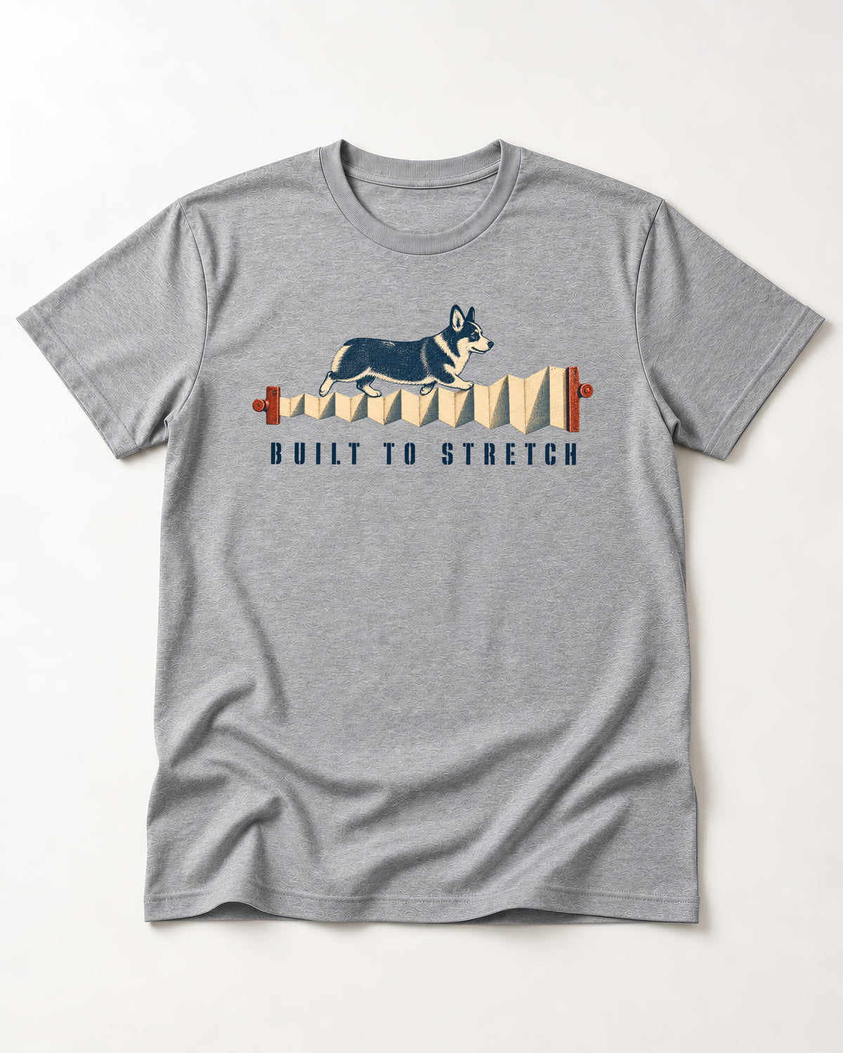 Corgi Built to Stretch Accordion Graphic T-Shirt in Sport Grey, flat lay product photo