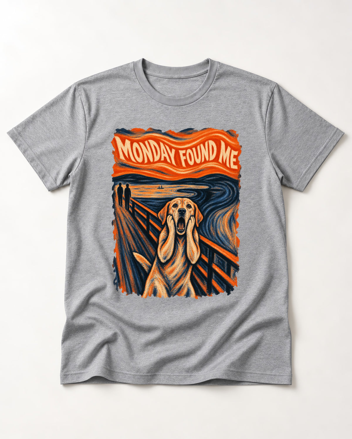 Labrador Retriever Monday Found Me Scream Parody Graphic T-Shirt in Sport Grey, flat lay product photo