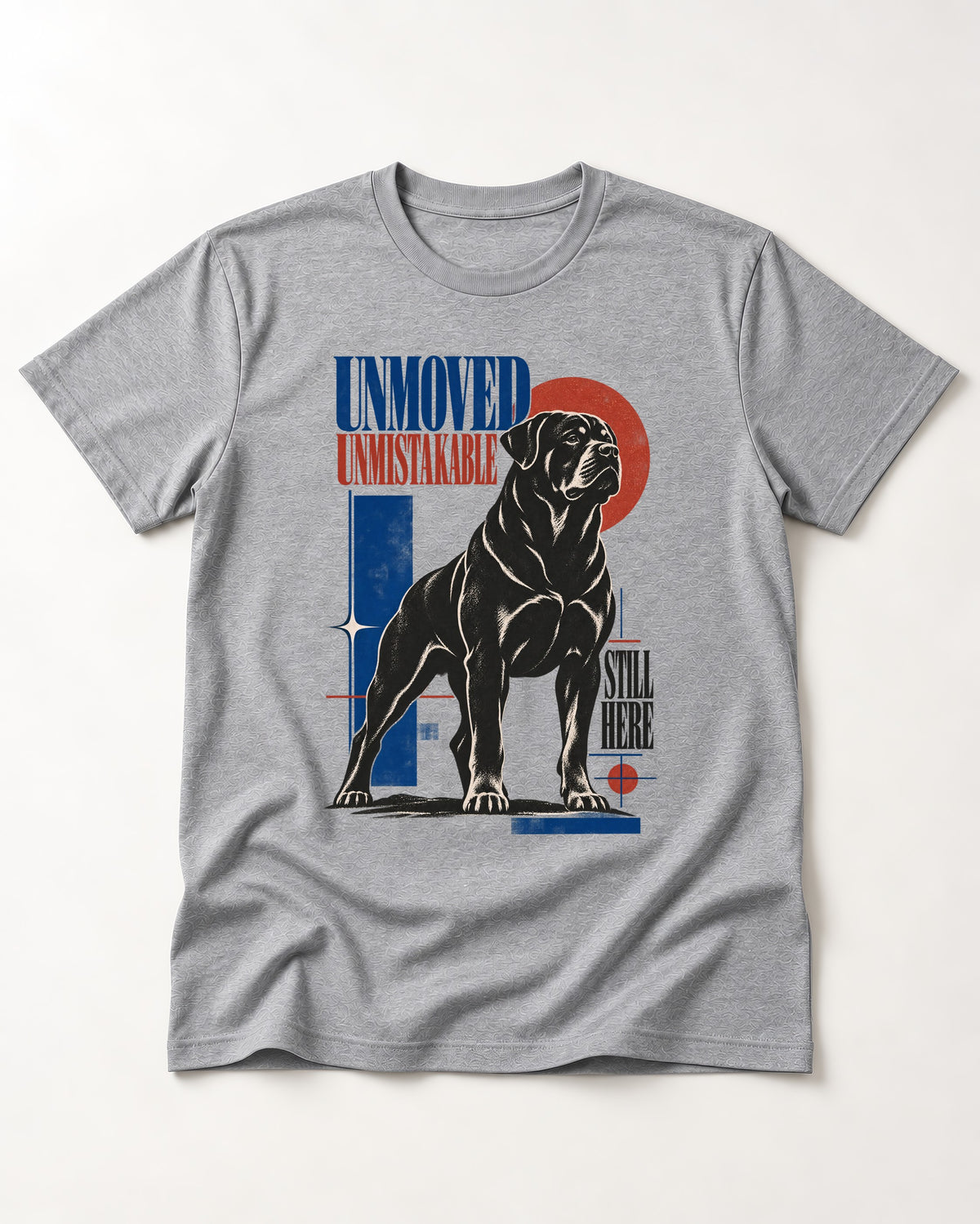 Unmoved Unmistakable Rottweiler T-Shirt in Sport Grey, flat lay product photo