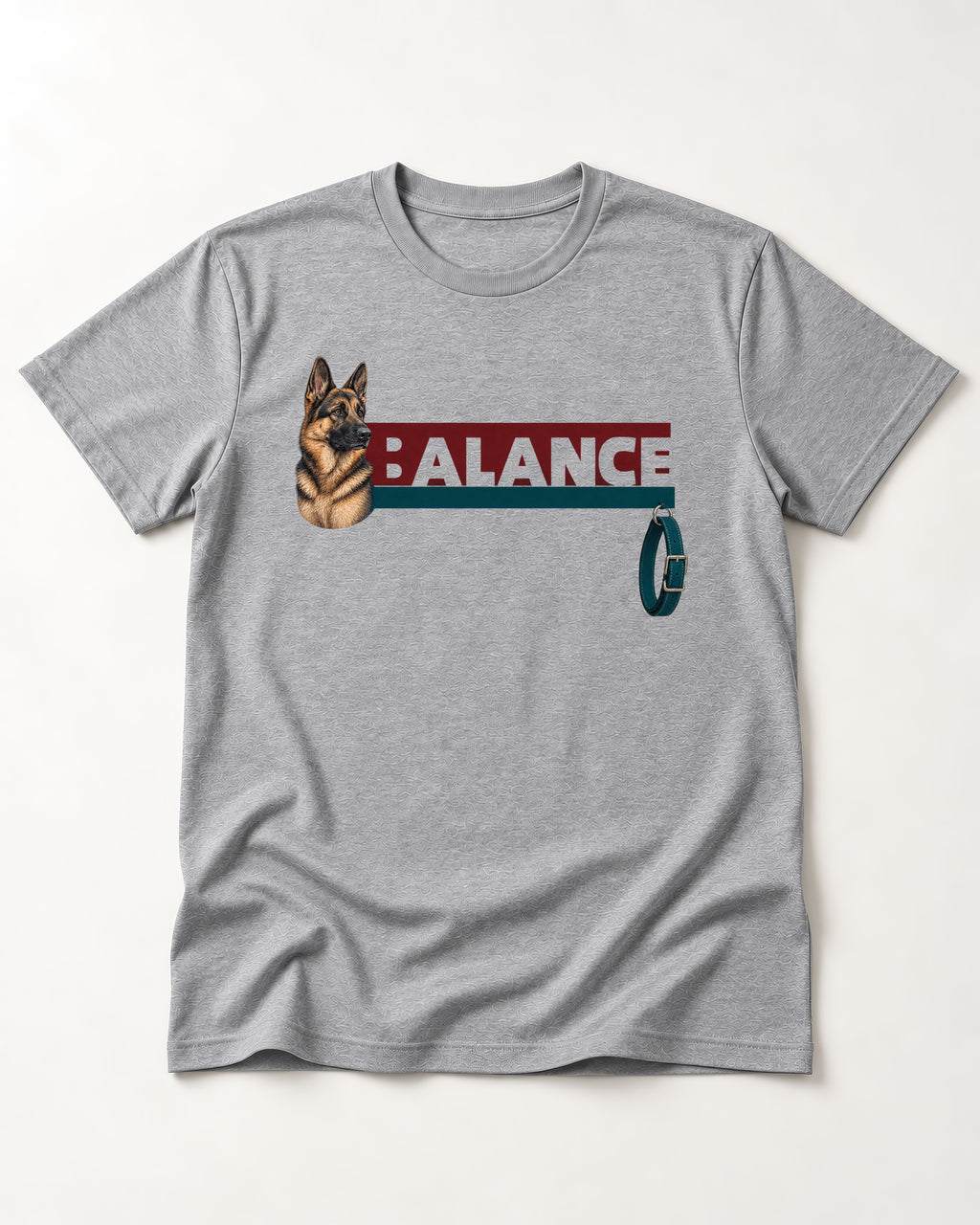 German Shepherd Dog Balance T-Shirt in Sport Grey, flat lay product photo