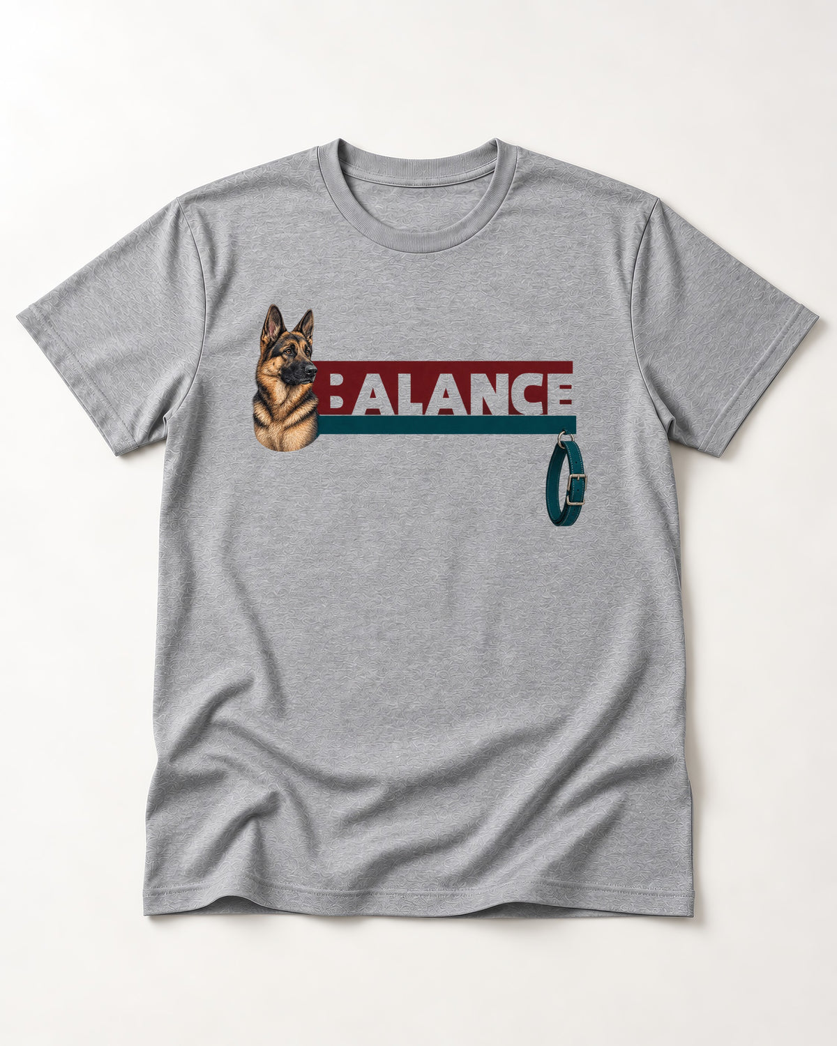 German Shepherd Dog Balance T-Shirt in Sport Grey, flat lay product photo