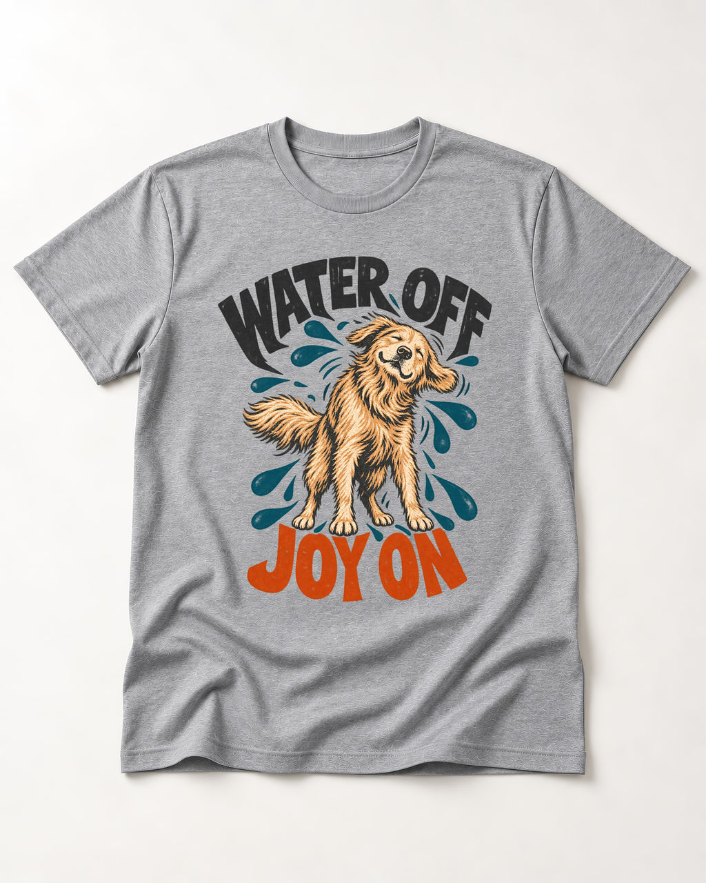 Water Off Joy on Golden Retriever T-Shirt in Sport Grey, flat lay product photo