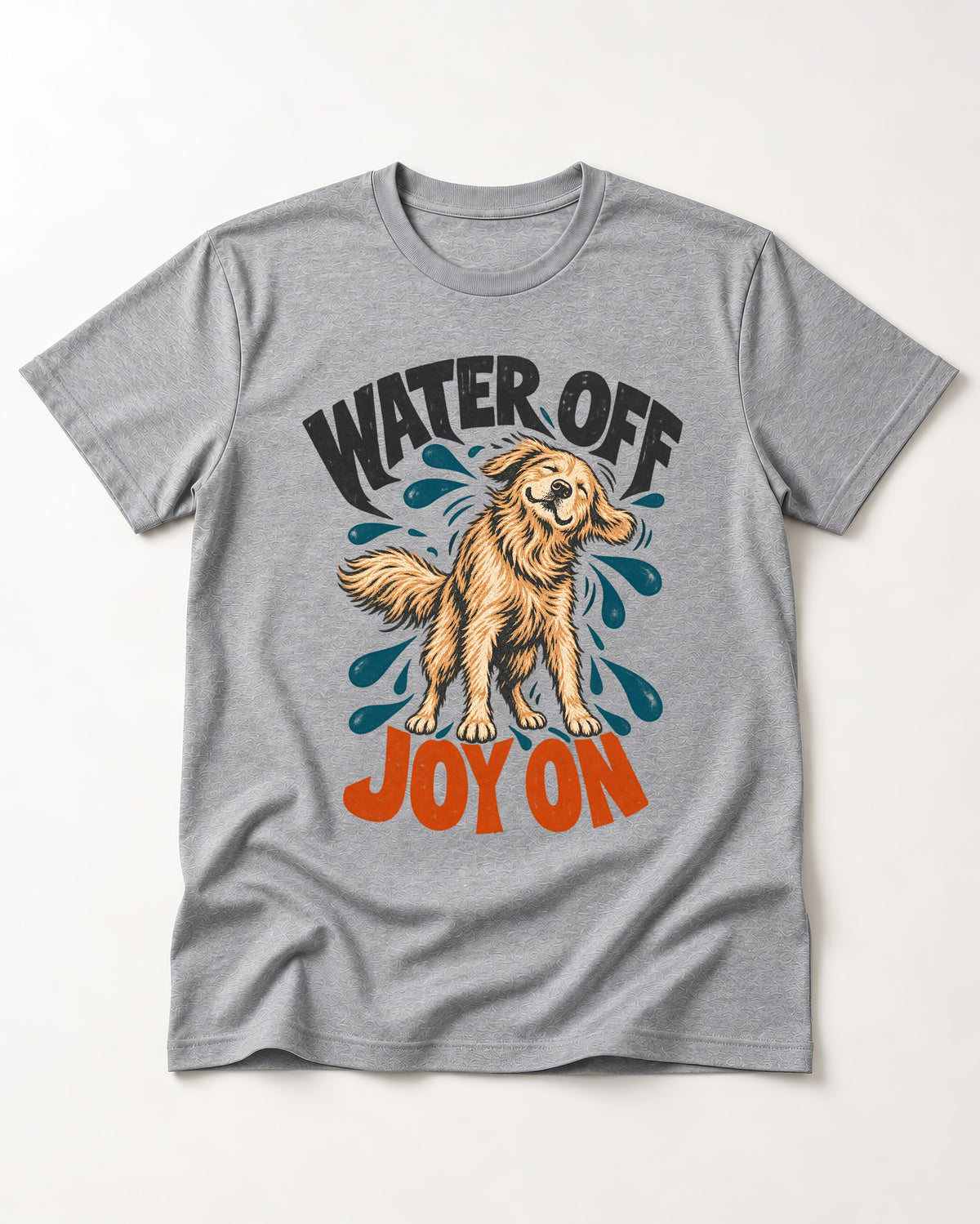 Water Off Joy on Golden Retriever T-Shirt in Sport Grey, flat lay product photo