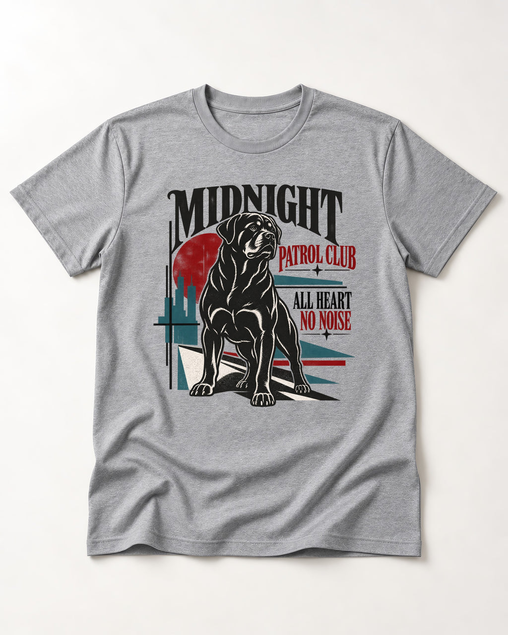 Rottweiler Midnight Patrol Club T-Shirt in Sport Grey, flat lay product photo