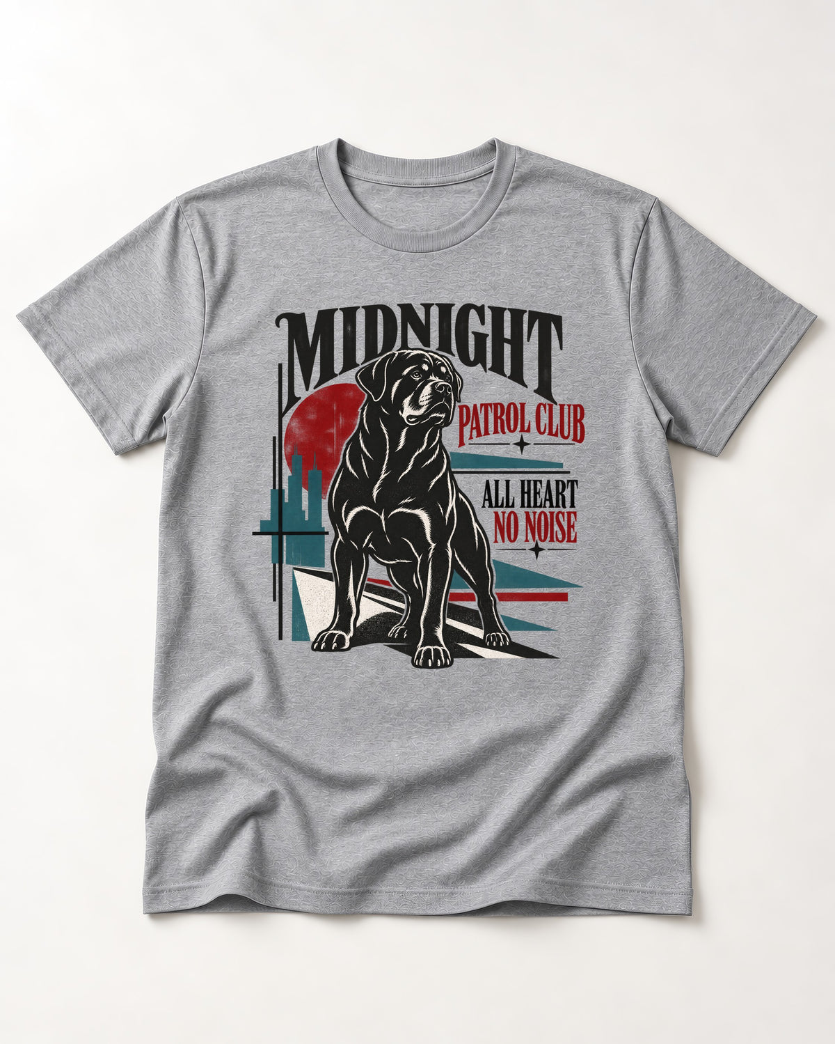 Rottweiler Midnight Patrol Club T-Shirt in Sport Grey, flat lay product photo
