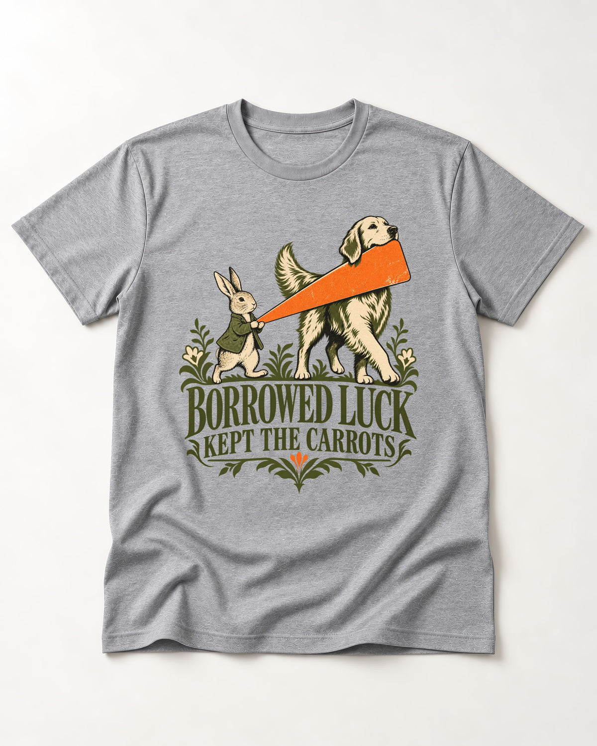 Borrowed Luck Golden Retriever T-Shirt in Sport Grey, flat lay product photo