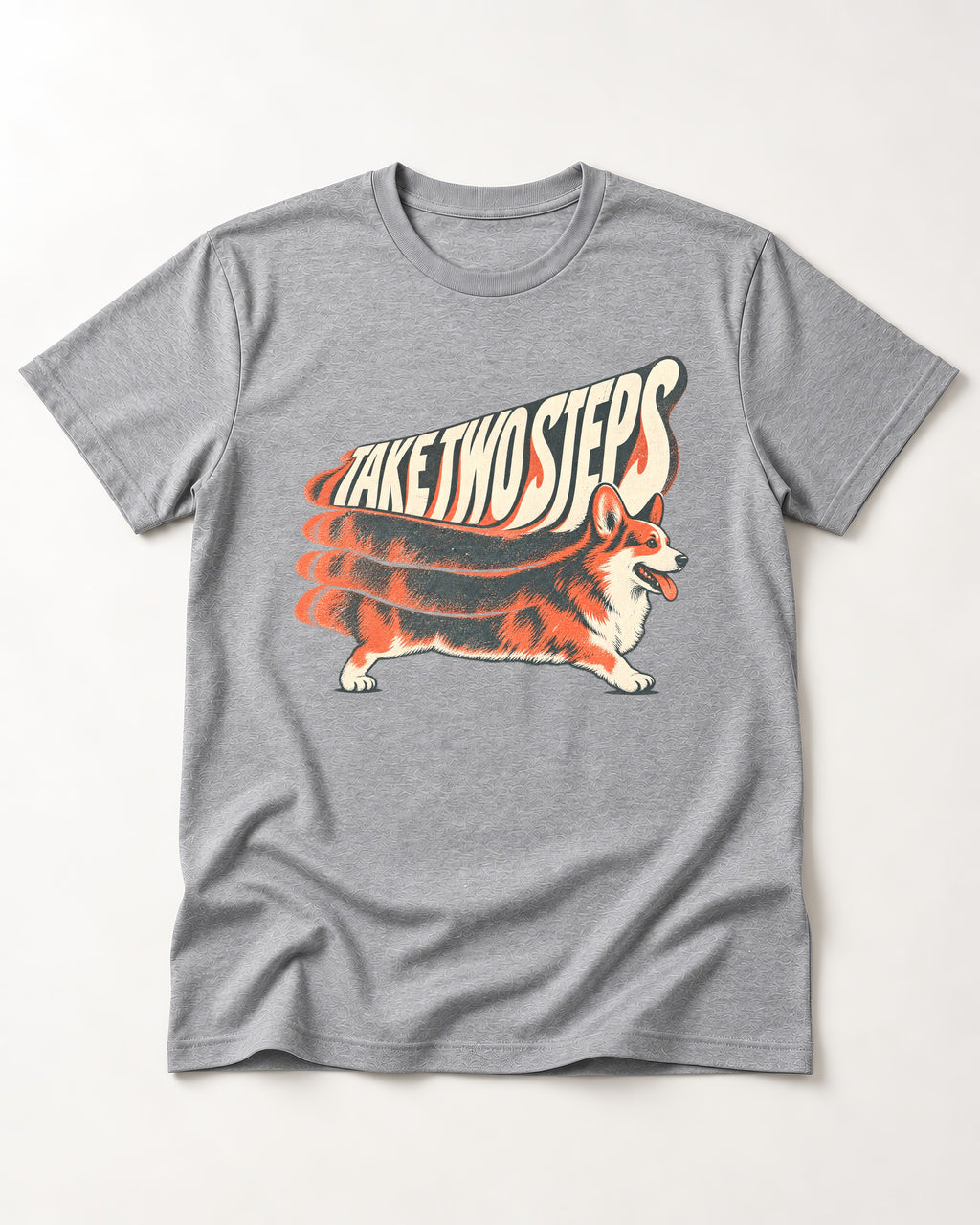 Corgi Take Two Steps Motion Trail Graphic T-Shirt in Sport Grey, flat lay product photo